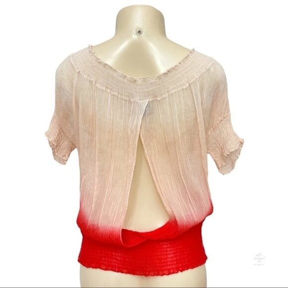 Y2K Bebe Off The Shoulder Silk New Rio Red Ombré Tie Dye Open Back Gauze Top - Picture 2 of 9